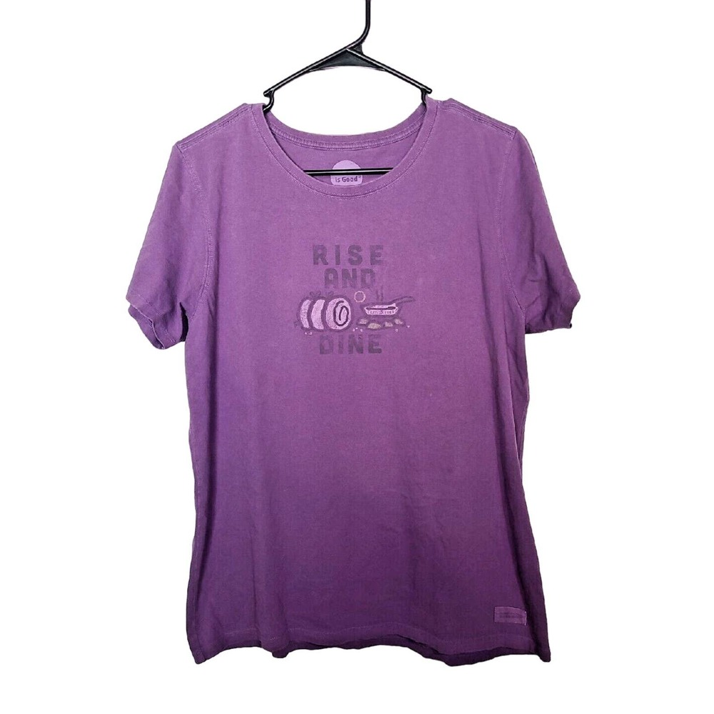 Life is Good Purple Rise‎ and Dine Print Short Sleeve Top Womans Size Large